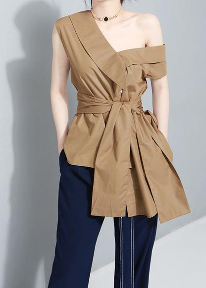 Khaki Cotton Clothes Tie Waist Art Summer Asymmetric Off the Shoulder Shirt