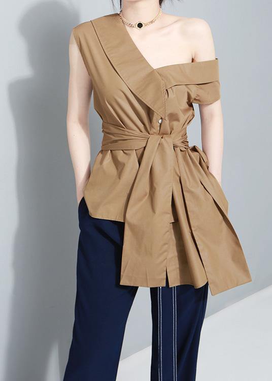 Khaki Cotton Clothes Tie Waist Art Summer Asymmetric Off the Shoulder Shirt