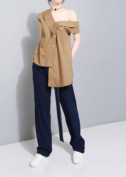 Khaki Cotton Clothes Tie Waist Art Summer Asymmetric Off the Shoulder Shirt