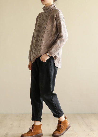 Khaki Knitted Top Cable High Neck Sweaters