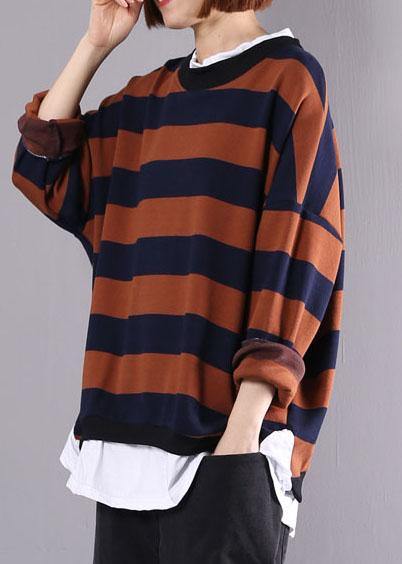 Khaki Striped Cotton Tunics for False Two Pieces Daily Autumn Shirt