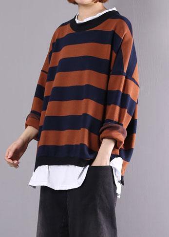 Khaki Striped Cotton Tunics for False Two Pieces Daily Autumn Shirt