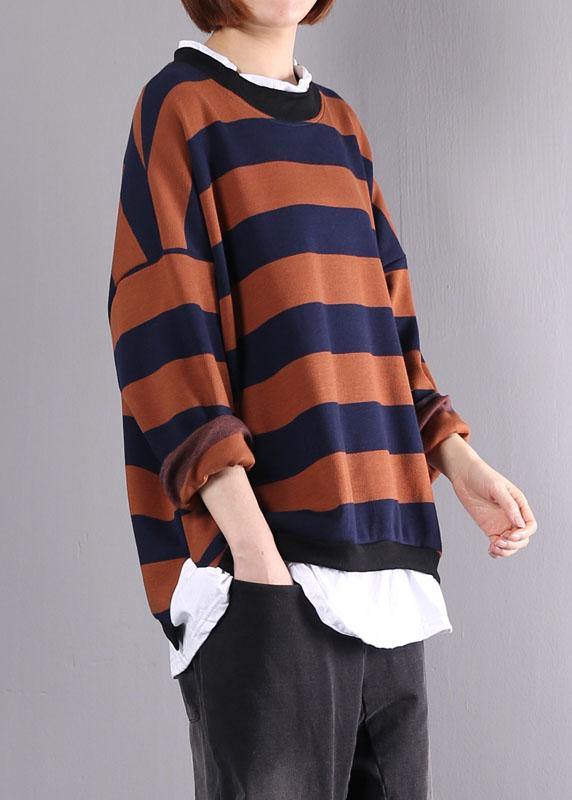 Khaki Striped Cotton Tunics for False Two Pieces Daily Autumn Shirt