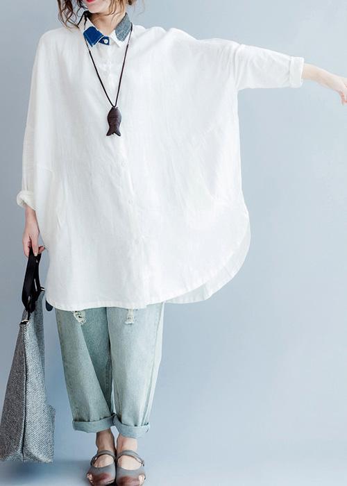 Lapel Batwing Sleeve Cotton Box Top Shape White Oversized Blouses Summer