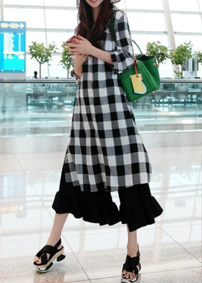 Lapel Button Down Cotton Linen Tunics Inspiration Plaid Dresses