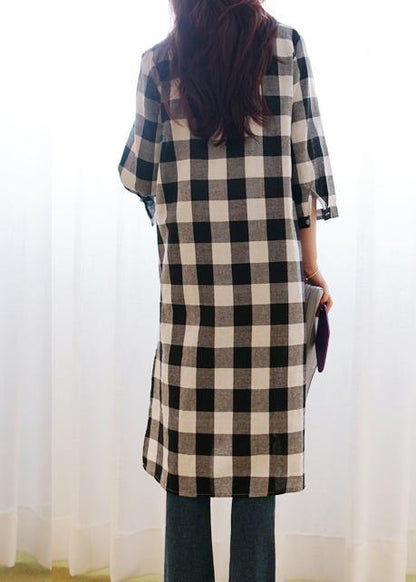 Lapel Button Down Cotton Linen Tunics Inspiration Plaid Dresses