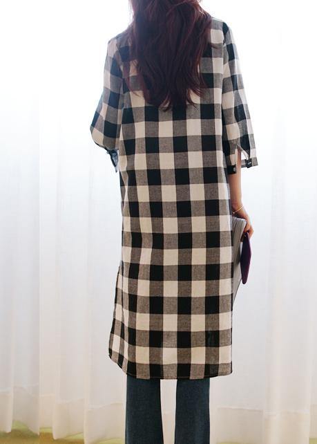 Lapel Button Down Cotton Linen Tunics Inspiration Plaid Dresses