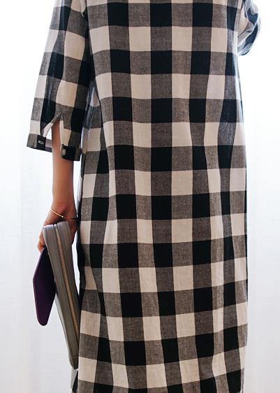 Lapel Button Down Cotton Linen Tunics Inspiration Plaid Dresses