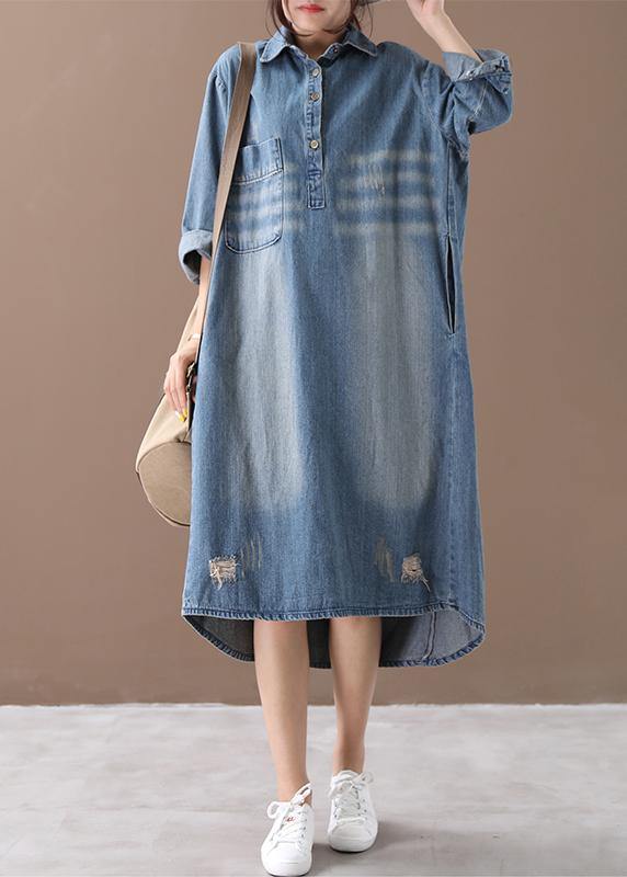Lapel Hole Spring Outfit Shape Denim Blue Dresses