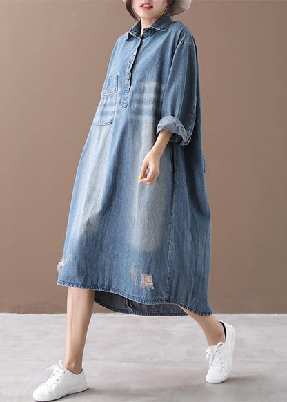 Lapel Hole Spring Outfit Shape Denim Blue Dresses