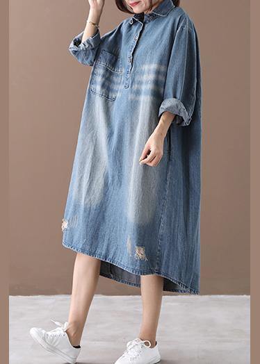 Lapel Hole Spring Outfit Shape Denim Blue Dresses