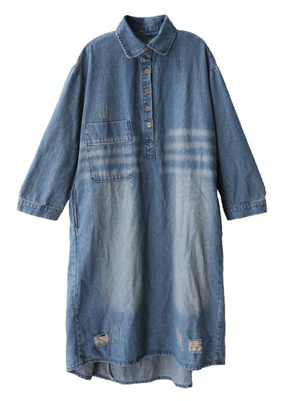 Lapel Hole Spring Outfit Shape Denim Blue Dresses