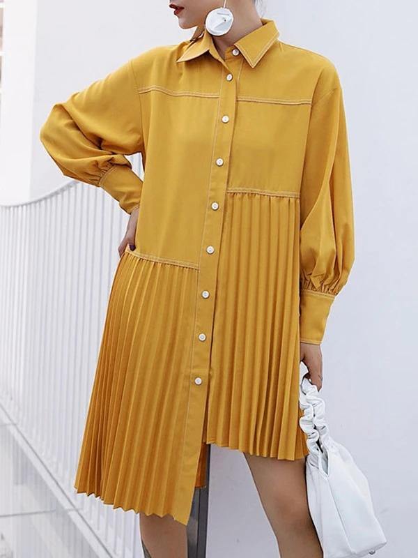 Lapel Asymmetric Cotton Clothes Outfits Yellow Dresses
