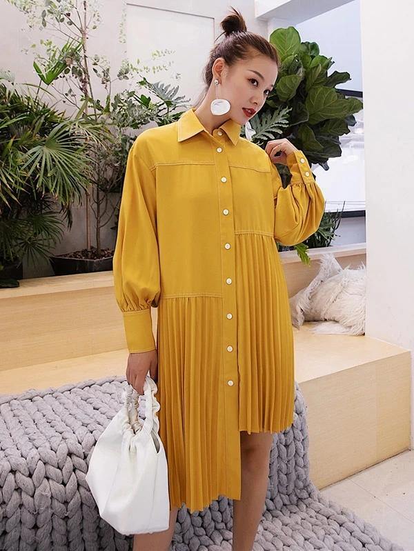 Lapel Asymmetric Cotton Clothes Outfits Yellow Dresses