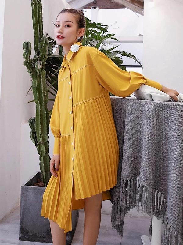 Lapel Asymmetric Cotton Clothes Outfits Yellow Dresses