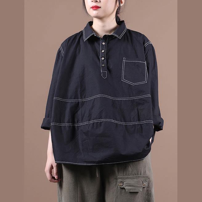 Lapel Baggy Blouses for Pattern Black Top