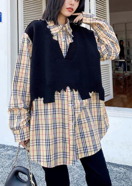 Women lapel false two pieces spring clothes plaid tops