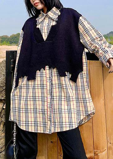 Lapel False Two Pieces Spring Clothes Plaid Tops