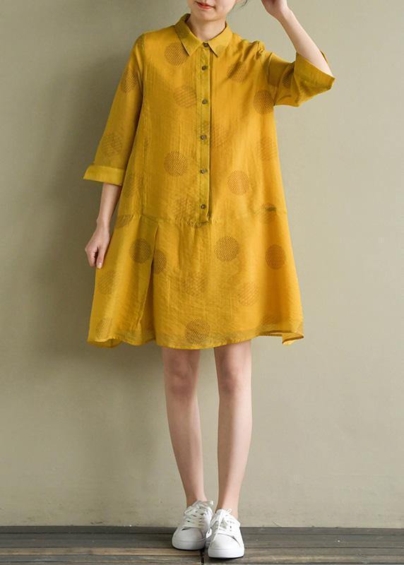 Lapel Half Sleeve Linen Robes Outfits Yellow Dotted Dress Summer