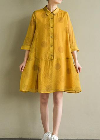 Lapel Half Sleeve Linen Robes Outfits Yellow Dotted Dress Summer