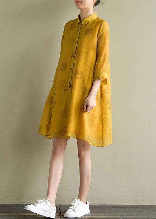 Lapel Half Sleeve Linen Robes Outfits Yellow Dotted Dress Summer