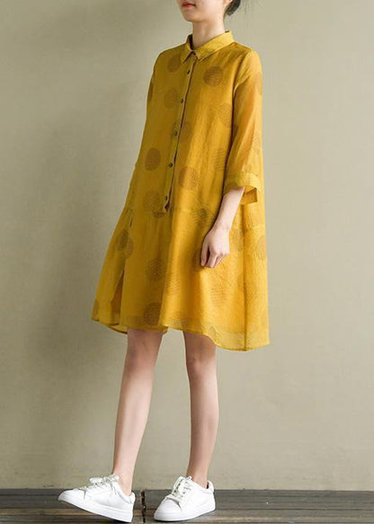 Lapel Half Sleeve Linen Robes Outfits Yellow Dotted Dress Summer