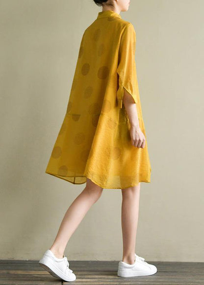 Lapel Half Sleeve Linen Robes Outfits Yellow Dotted Dress Summer