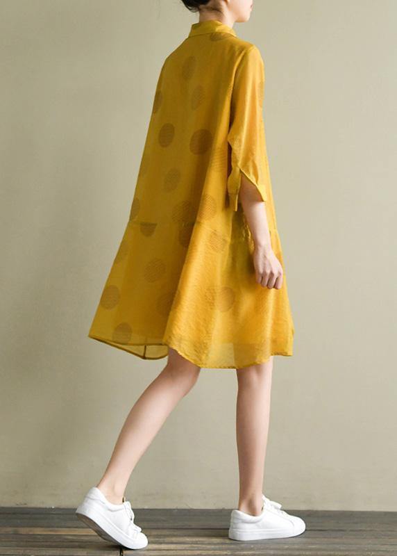 Lapel Half Sleeve Linen Robes Outfits Yellow Dotted Dress Summer