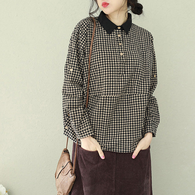 Lapel Linen Blouses for Fine Tutorials Black Plaid Box Blouses
