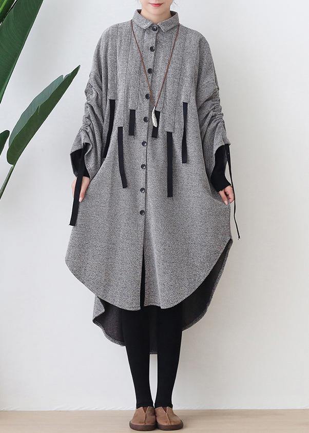 Lapel Low High Design Cotton Tunic Top Work Gray Robe Dresses