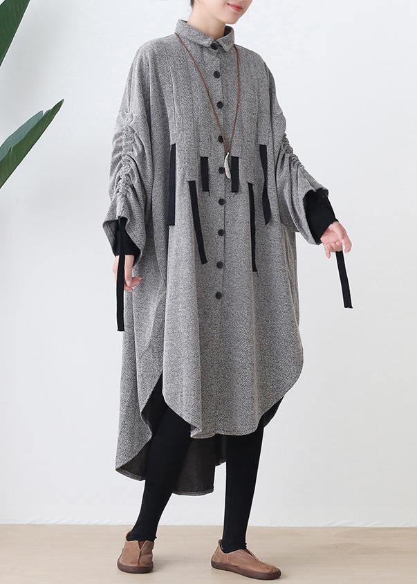 Lapel Low High Design Cotton Tunic Top Work Gray Robe Dresses