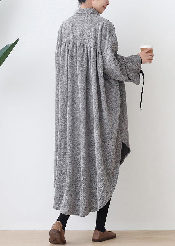 Lapel Low High Design Cotton Tunic Top Work Gray Robe Dresses