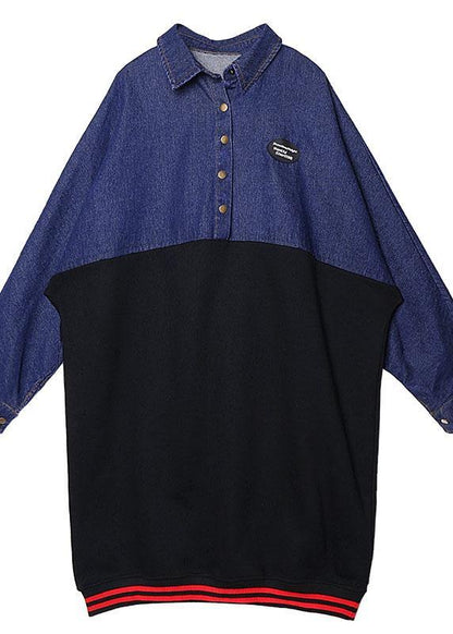Lapel Patchwork Cotton Clothes for Pattern Black Dress
