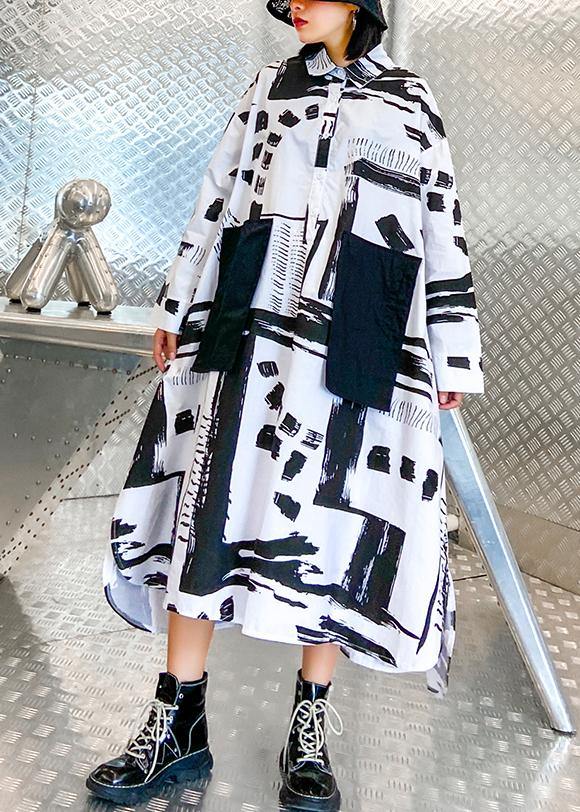 Lapel Pockets Fall Tunics Pattern Black White Print Long Dresses