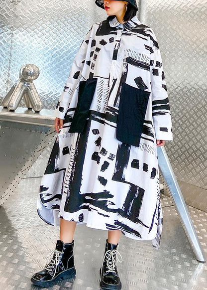 Lapel Pockets Fall Tunics Pattern Black White Print Long Dresses