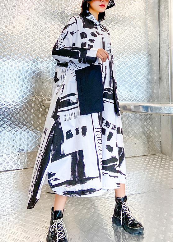 Lapel Pockets Fall Tunics Pattern Black White Print Long Dresses