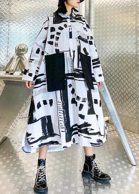 Lapel Pockets Fall Tunics Pattern Black White Print Long Dresses