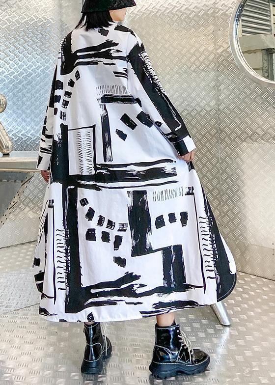 Lapel Pockets Fall Tunics Pattern Black White Print Long Dresses