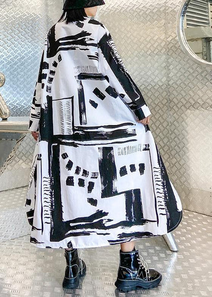 Lapel Pockets Fall Tunics Pattern Black White Print Long Dresses