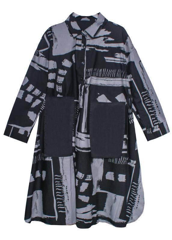 Lapel Pockets Fall Tunics Pattern Black White Print Long Dresses