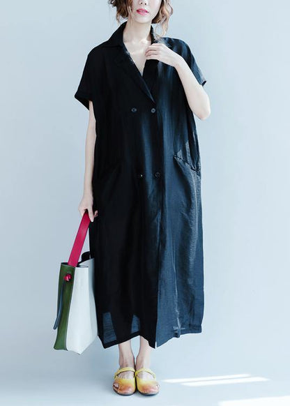 Lapel Pockets Summer Clothes Design Black Dress
