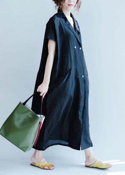 Lapel Pockets Summer Clothes Design Black Dress