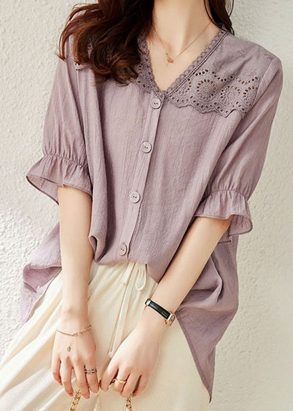 Light Purple V Neck Ruffled Lace Patchwork Cotton Top Summer