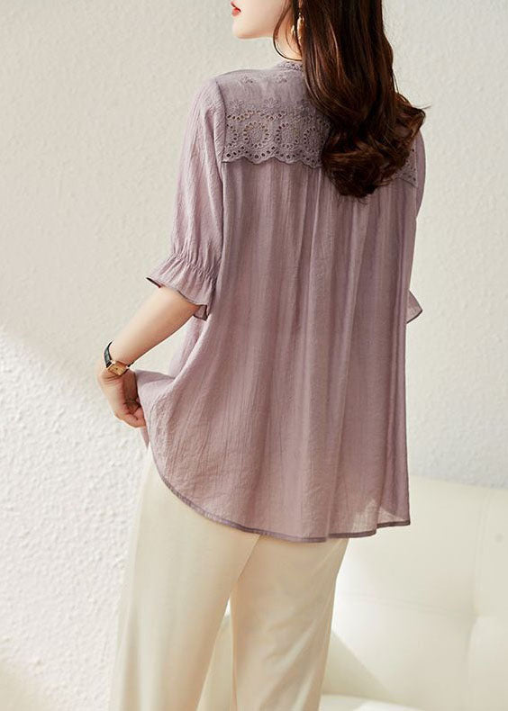 Light Purple V Neck Ruffled Lace Patchwork Cotton Top Summer