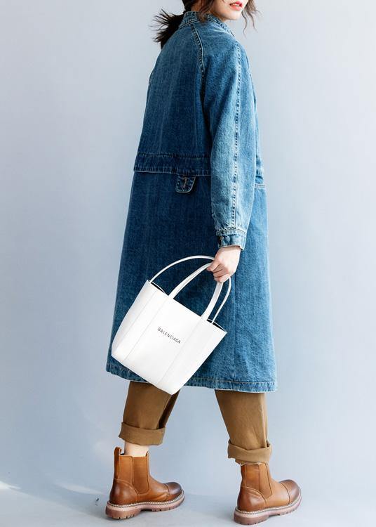 Light Blue Fine Tunic Coat Tunic Tops Stand Collar Patchwork Coat