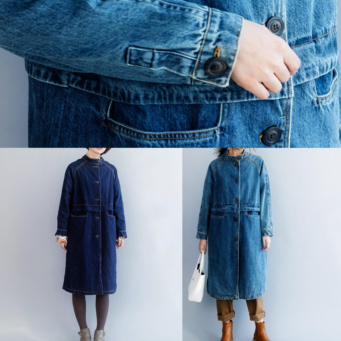 Light Blue Fine Tunic Coat Tunic Tops Stand Collar Patchwork Coat
