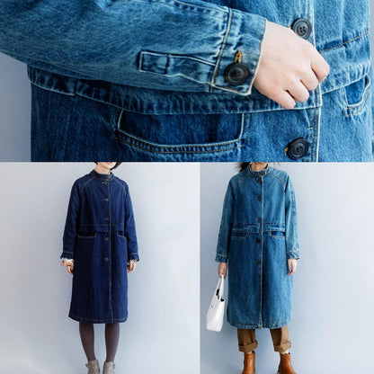 Light Blue Fine Tunic Coat Tunic Tops Stand Collar Patchwork Coat