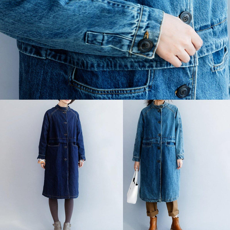 Light Blue Fine Tunic Coat Tunic Tops Stand Collar Patchwork Coat