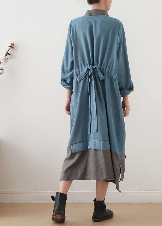 Light Blue Cotton Clothes Lapel Drawstring Dresses Fall Dress