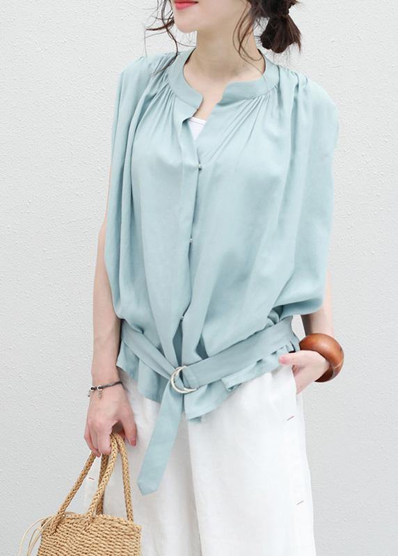 Light Blue Linen Box Top Cinched Ruffles Box Summer Blouses